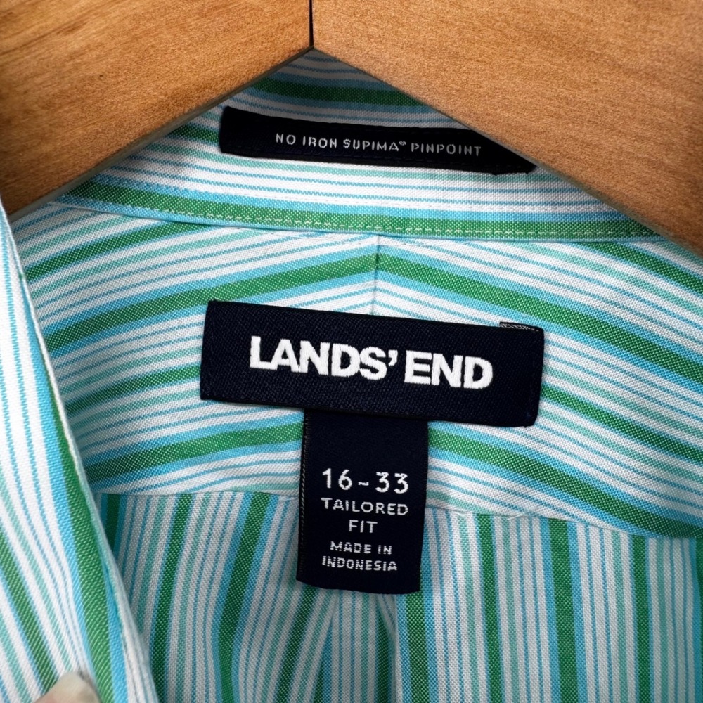 Lands' End Mens 16-33 Tailored Fit No Iron Supima Pinpoint Stripe Shirt Green - Picture 5 of 10